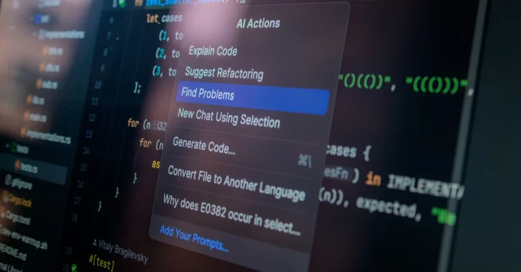 Close-up of a dark coding screen with an AI Actions menu offering code explanations, refactoring, bug detection, and code generation.