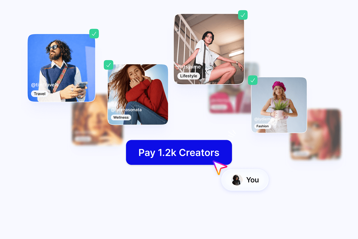 Illustration of Upfluence Pay bulk feature's UI: Select creator profiles, pay them all in one click
