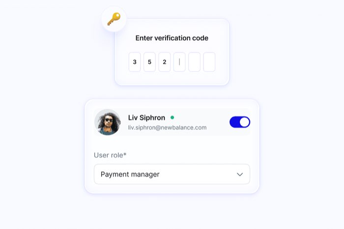Illustration of Upfluence Pay simple feature: 2FO security with a simple code, and a simple interface for role management with just one dropdown.