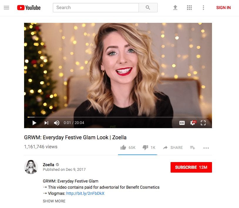 zoella video about everyday festive glam look