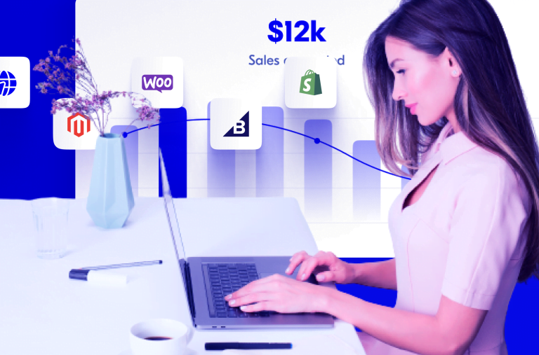 B2B commerce illustration: a woman working on her online business, with on the background a graph of the sales that are going up, and the icons of all big ecommerce platforms that are supported by Upfluence (Shopify, Woocommerce, Magento, Bigcommerce)