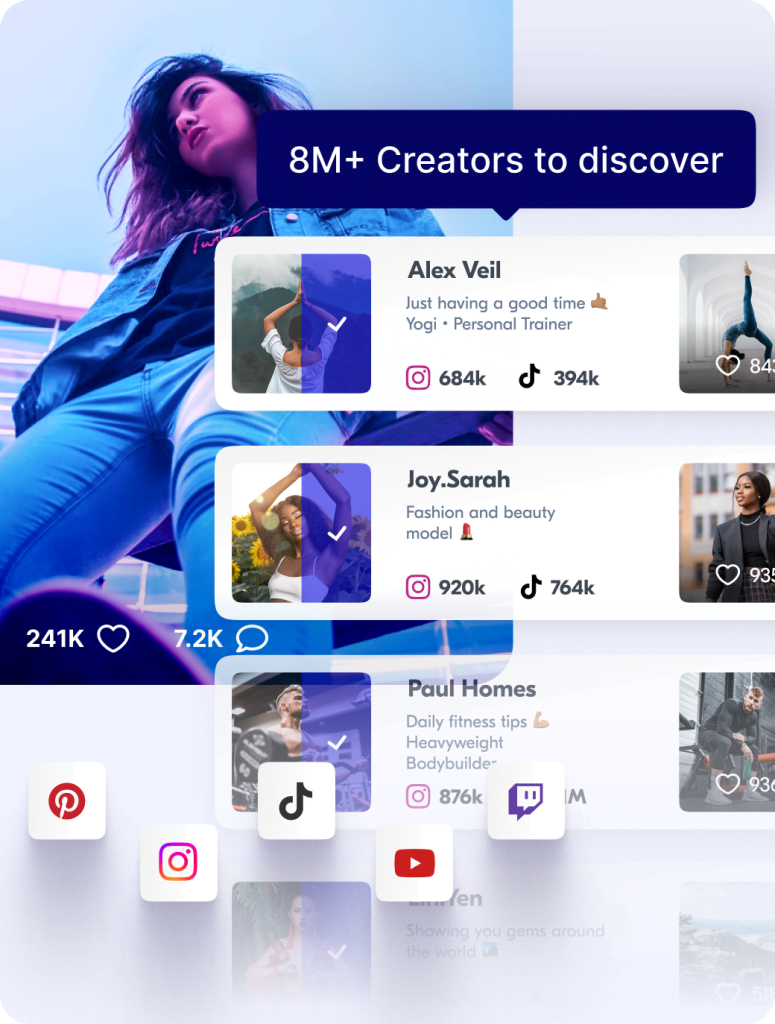 Illustration of Upfluence Search feature with creator profiles and social media platforms supported: Pinterest, Instagram, X, Tiktok, Youtube, Twitch. There is over 8 millions creators in the Search Feature database. In the background, there is a social media post showing a 30 years old woman wearing all blue in a urban environment, looking forward at the future, in a contre-plongée framing.