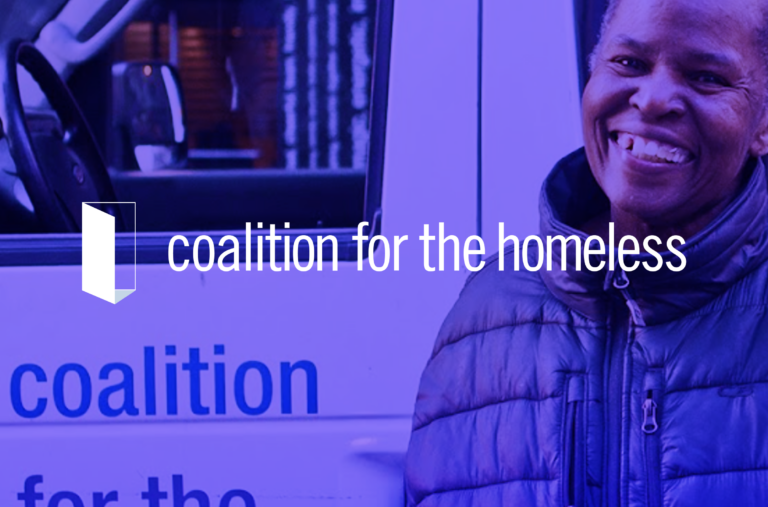 Coalition for the Homeless Organisation logo on a blue backdrop showing their van and a volonteer, smiling