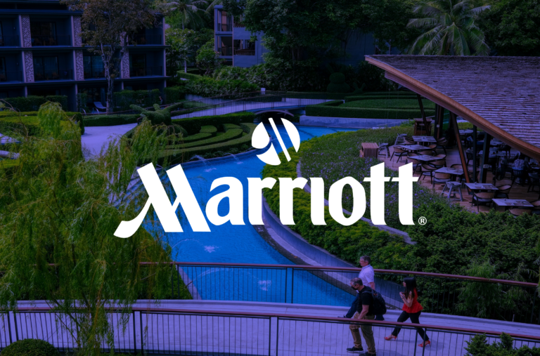 Logo of Marriot over a landscape taken from onw of their resorts