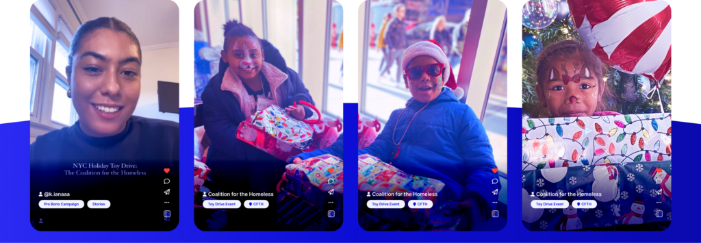A collage of four instagram posts on a blue background. The first one shows an influencer that helped raise awareness for the Toy Drive, the other ones show three kids the day of Christmas opening and playing with the toys they got through this gifting campaign