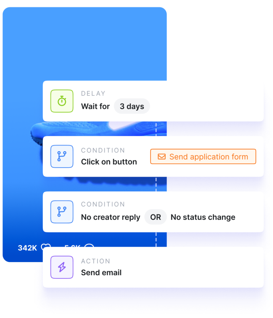 An illustration showing a blue editorial instagram post from a campaign and UI elements of the follow-up mailing sequence feature that automates outreach