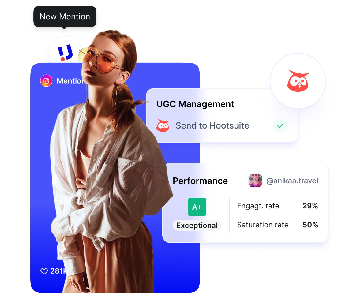 Illustration der Verwendung der Hootsuite-Integration in Upfluence für UGC-Inhalte und Social Listening