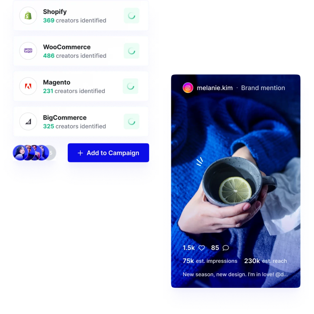 creator post mentionning a brand and an interface of the Creator matching (Live Capture) feature
