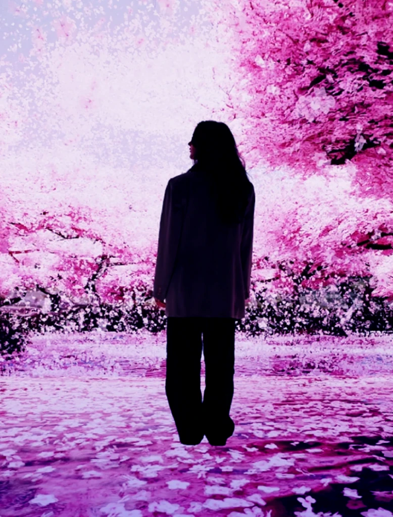 an influencer walking in the cherry tree part of mercerlabs exhibit