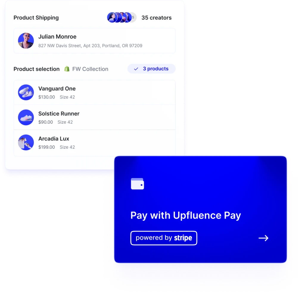 Illustration of Upfluence's product gifting and one-click pay feature