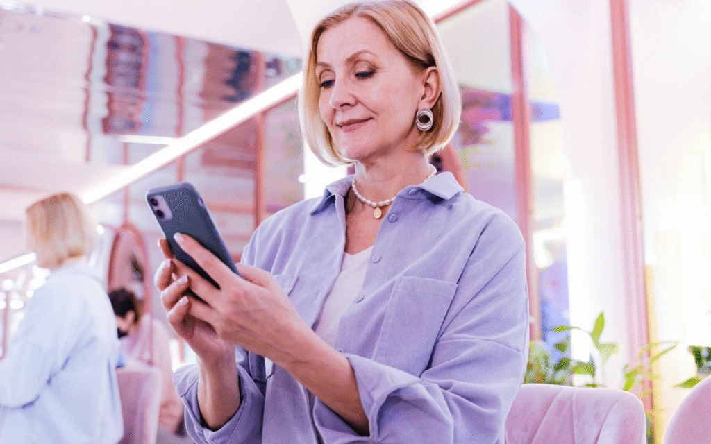 middle aged woman looking down at her phone, smiling at the marketing of a brand she loves